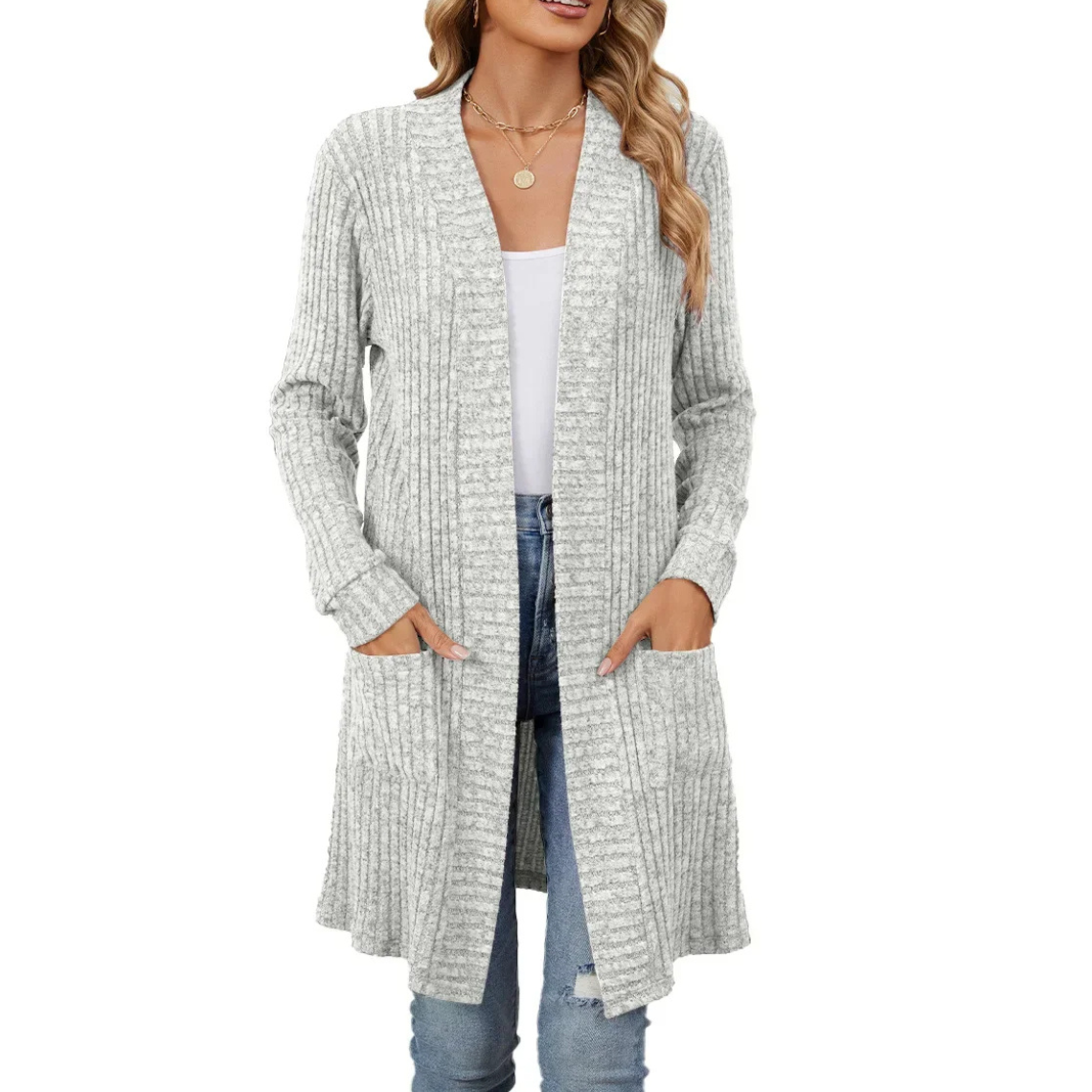 Valenzora | Langer gerippter Cardigan für Damen mit offener Vorderseite und Taschen