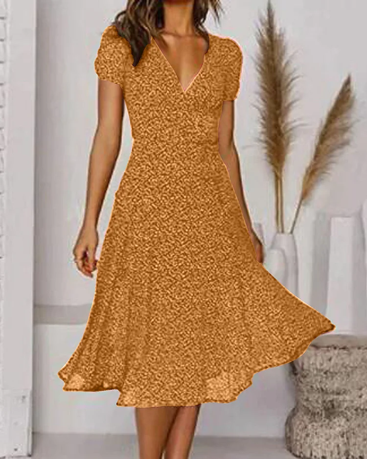 Valenzora | Printed silk chiffon dress with short sleeves and V-neck for women