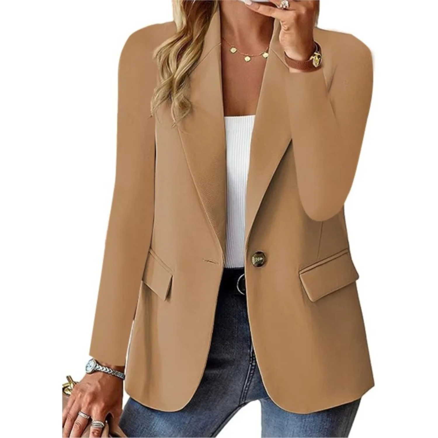 Einfarbiger Damenblazer mit langen Ärmeln und schmaler Taschenspange.