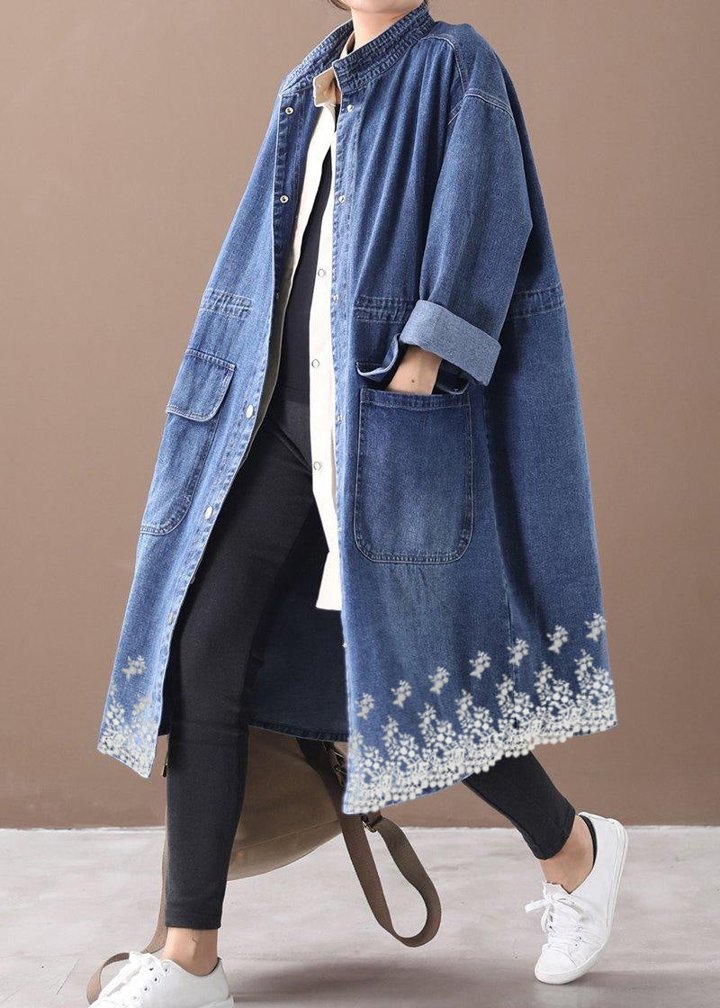 Valenzora | Denim Blue Plus Size Trench Coat with Drawstring