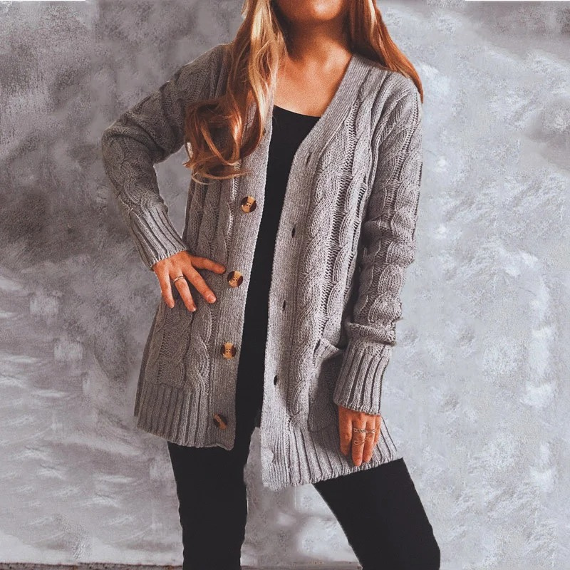 Valenzora | Damen-Wollstrickjacke mit Zopfmuster und Holzknöpfen, lockere Passform