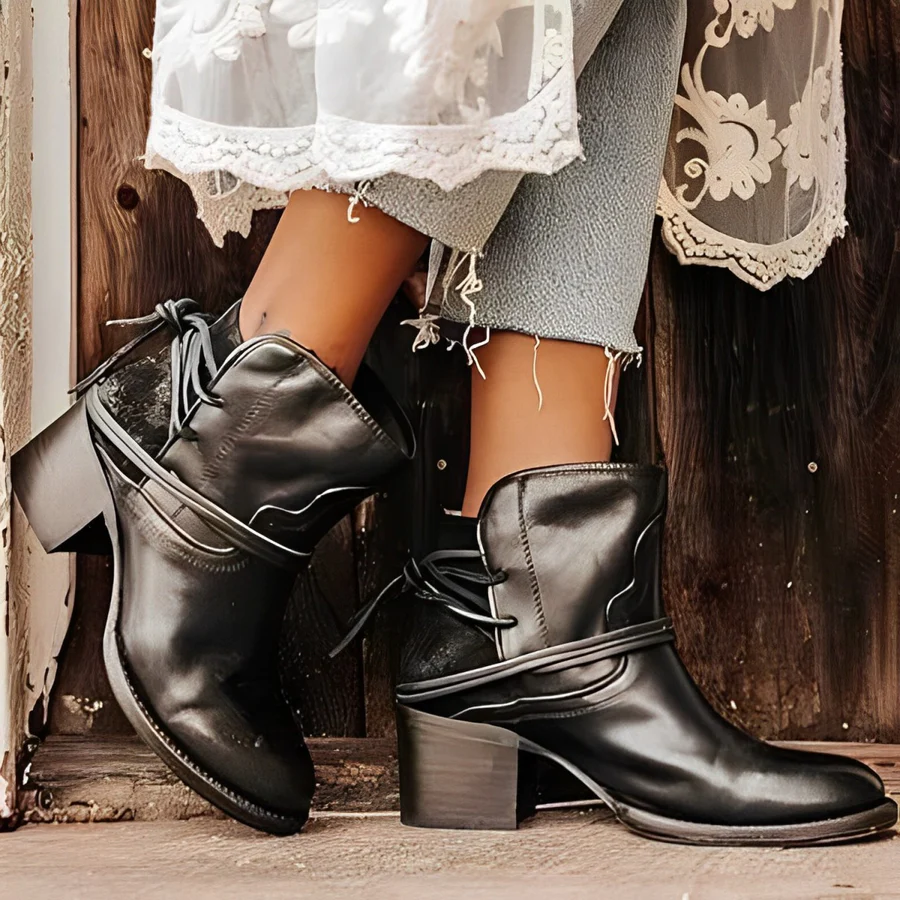 Valenzora | Women's Western Ankle Boots with Wrap Lacing, Washed Leather, Chunky Heels