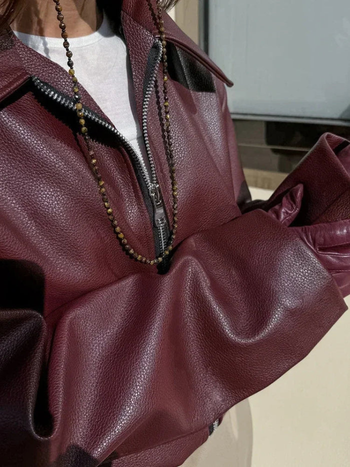 Valenzora | Damen Rote Lederjacke Vintage-Lederjacke mit Reißverschluss für Damen