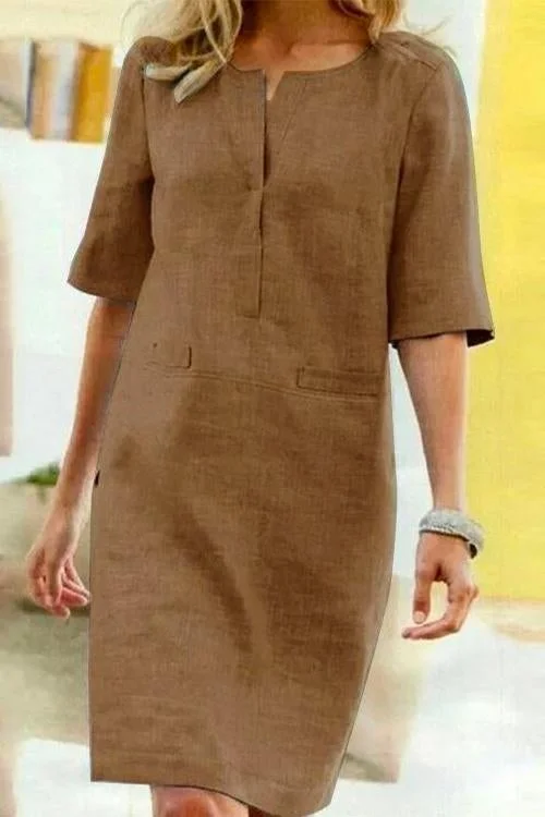 Valenzora | Gerade geschnittenes Kleid mit kurzen Ärmeln aus Baumwolle und Leinen