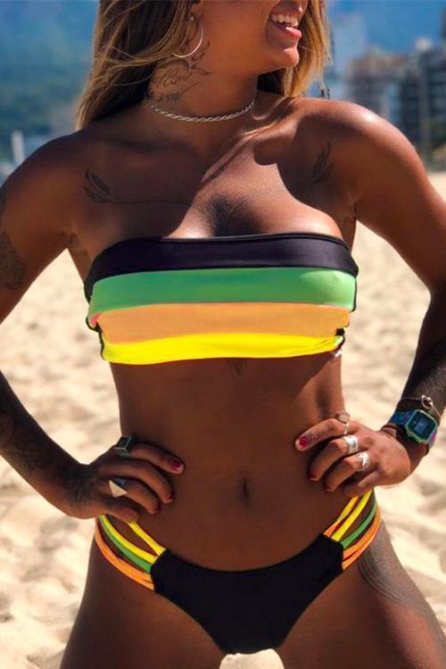 Valenzora | Rosiedress Rainbow Striped Tube Top Bandeau Bikini Set