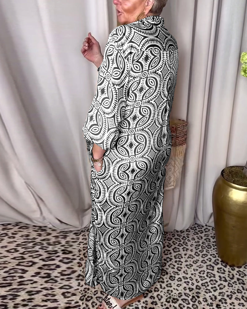 Valenzora | Vintage Printed Maxi Dress with Lapel Pockets
