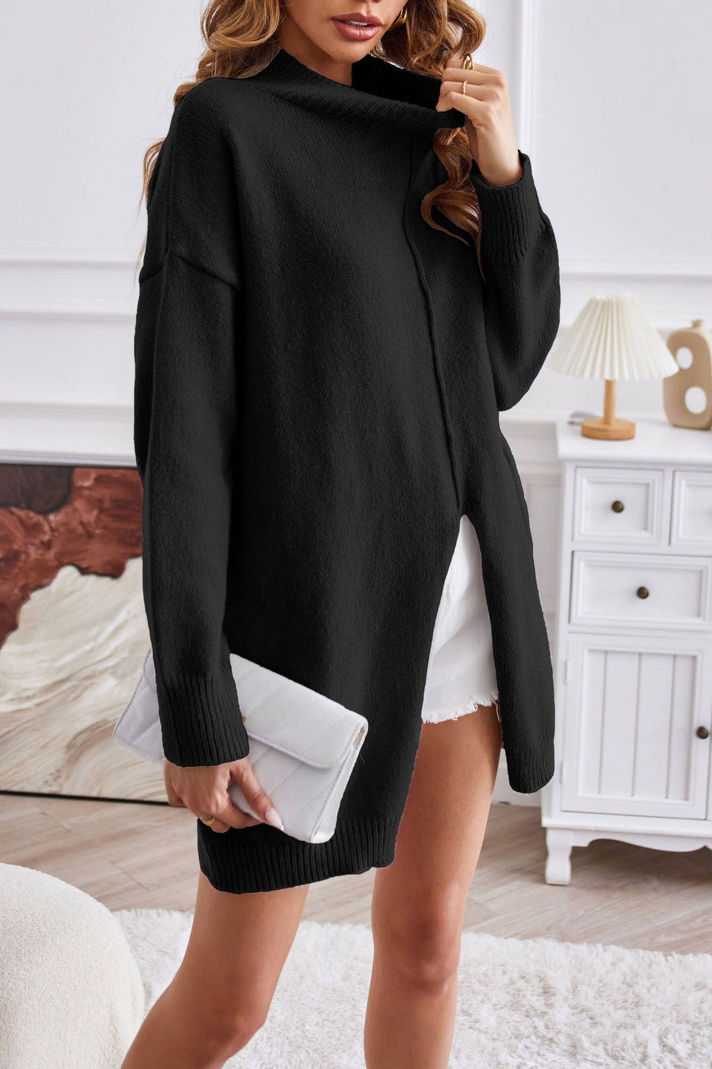 Valenzora Half-Rollkragenpullover, mittellang, mit Schlitz