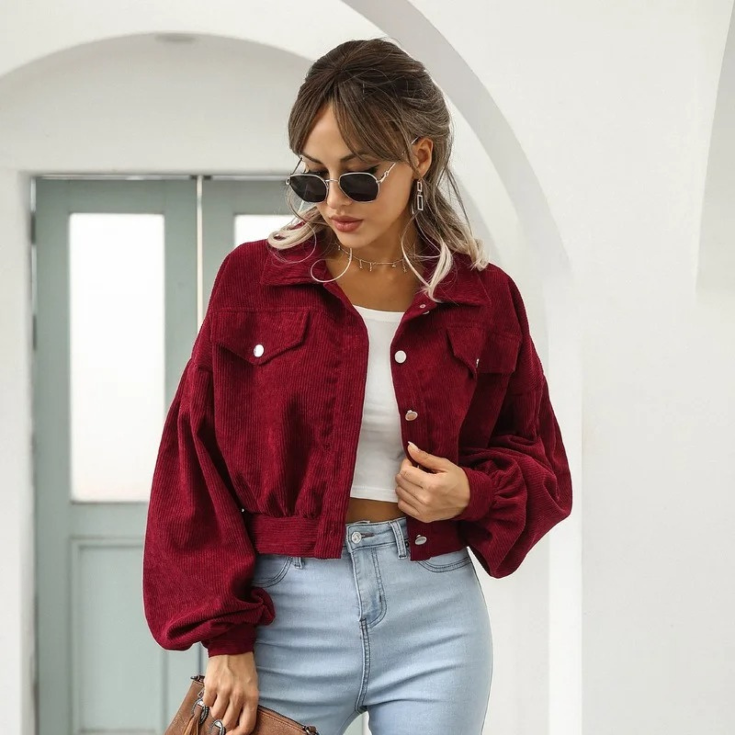 Valenzora | Velvet corduroy lantern sleeve cropped jacket