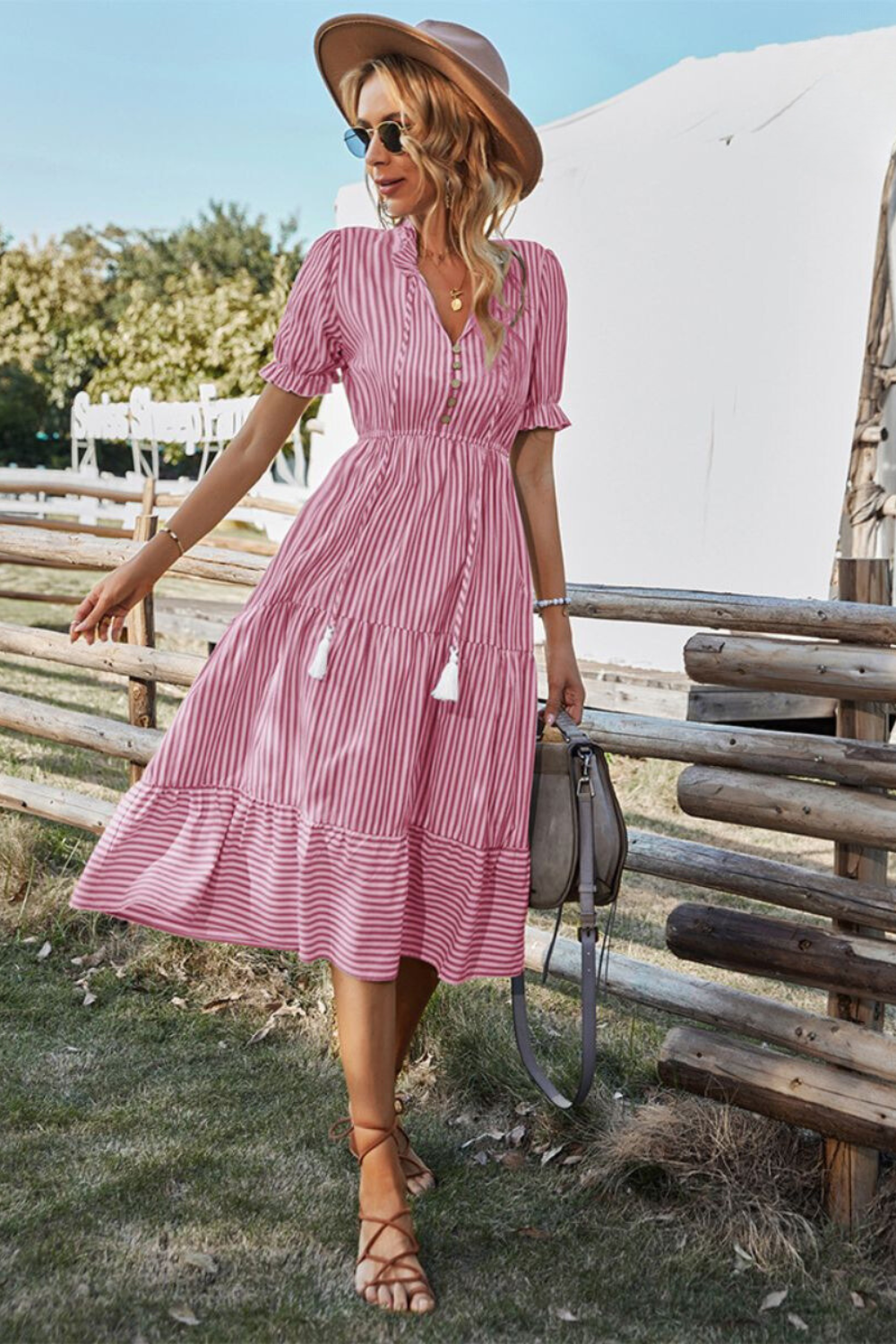 Valenzora | Striped Midi Dress with Tassels for Women