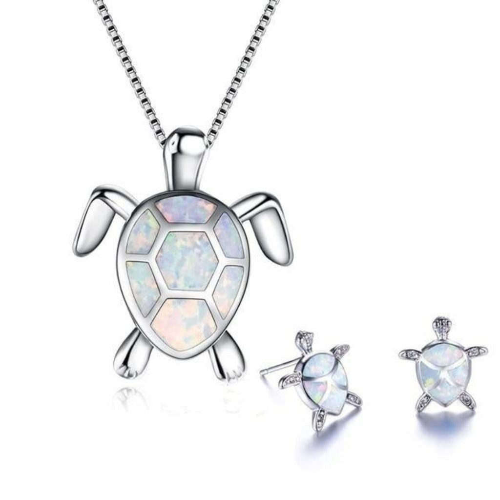 Valenzora | Turtle Necklace + Earrings in Opal and Silver
