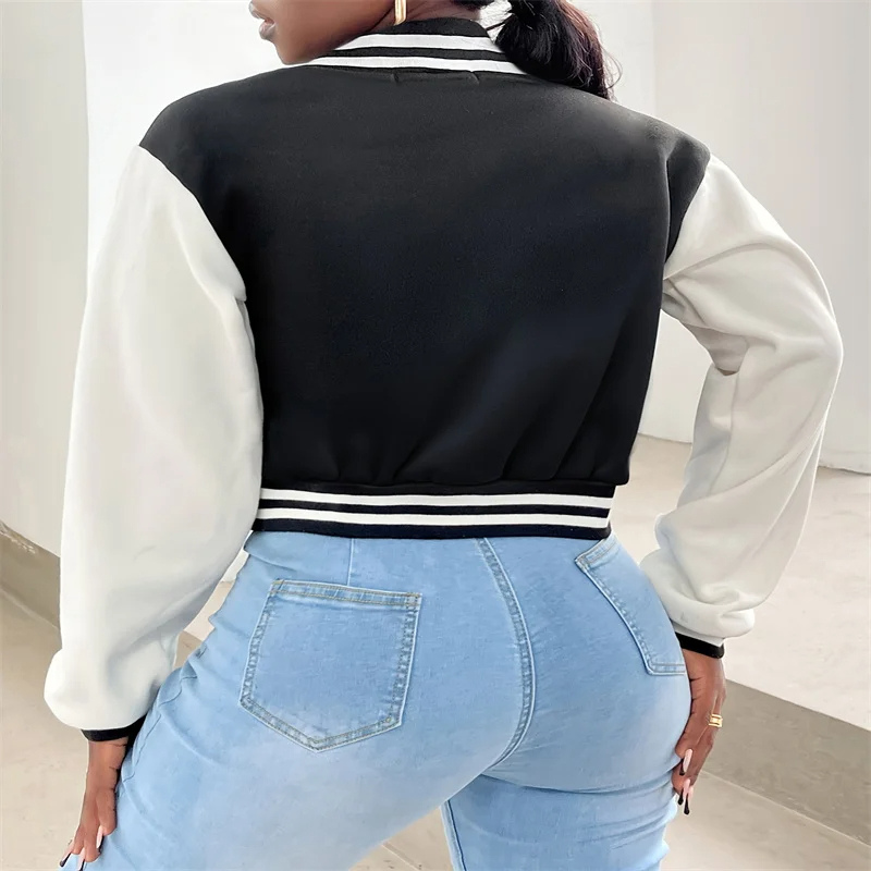Valenzora | Varsity Bomber Jacket for Women, Short Model with Letter Patch and Snap Button Closure