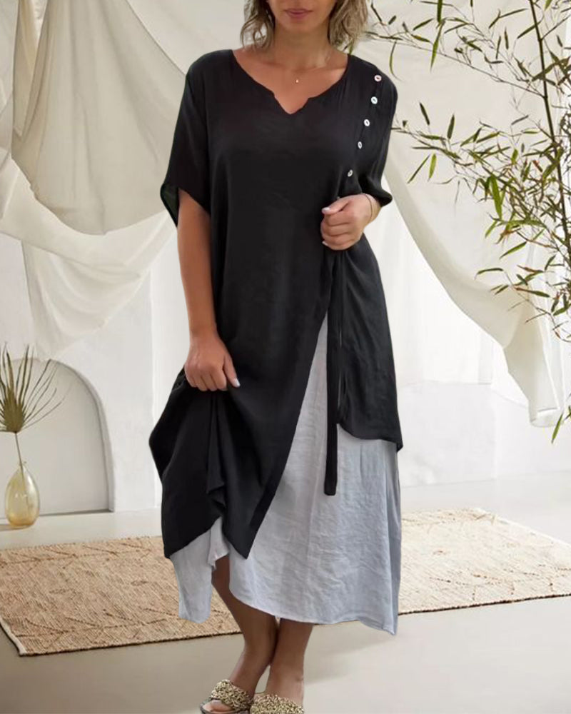 Valenzora | Asymmetrisches Kleid mit kurzen Ärmeln und V-Ausschnitt