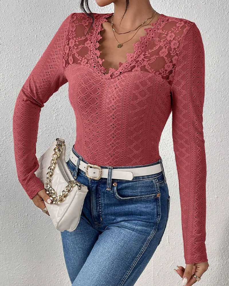 Valenzora | Long-sleeved top, V-neck, Spetspanel