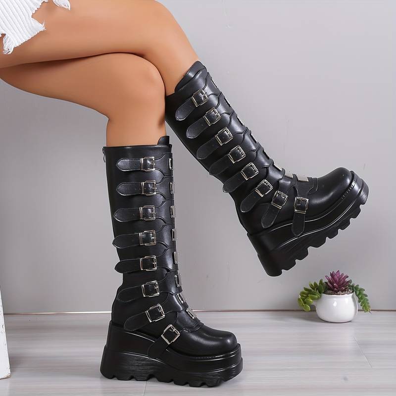Valenzora | Trendige Plateau-Stiefel mit Schnallen