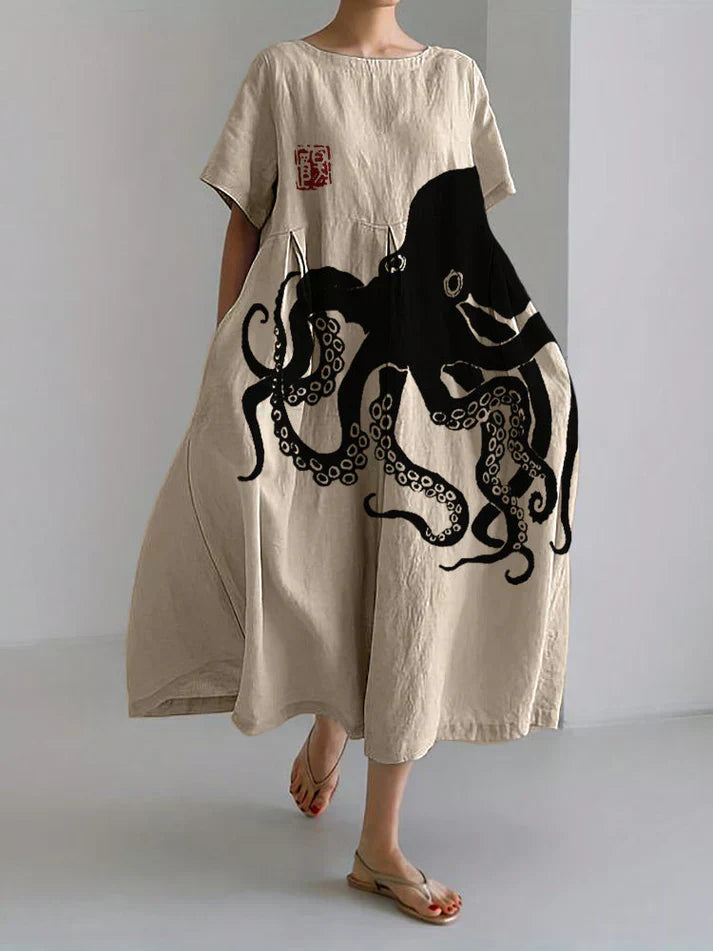 Valenzora | Langes Kleid aus Halbleinen mit japanischem Muster in Octopus-Leinen
