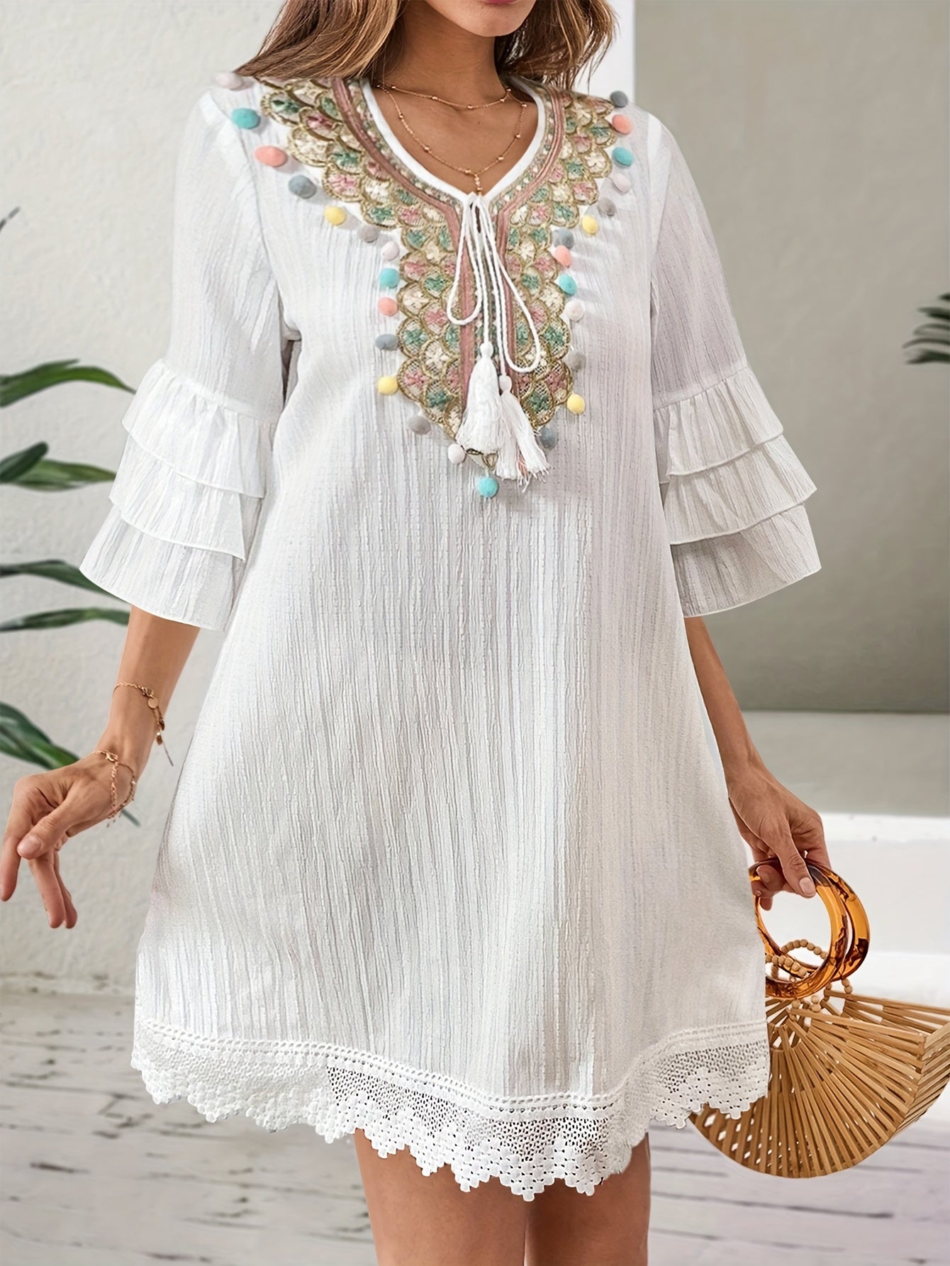 Valenzora | Women's dress with embroidery and pom-poms, 3/4 sleeves, white