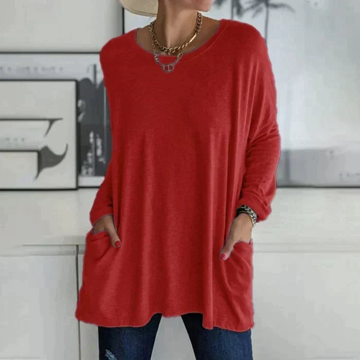 Valenzora | Fashionable tunic top with pockets - Relaxed fit, round neck, long sleeves