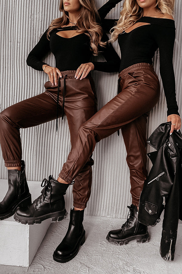 Valenzora | Drasilla Faux Leather Elastic Waistband Pockets Jogger