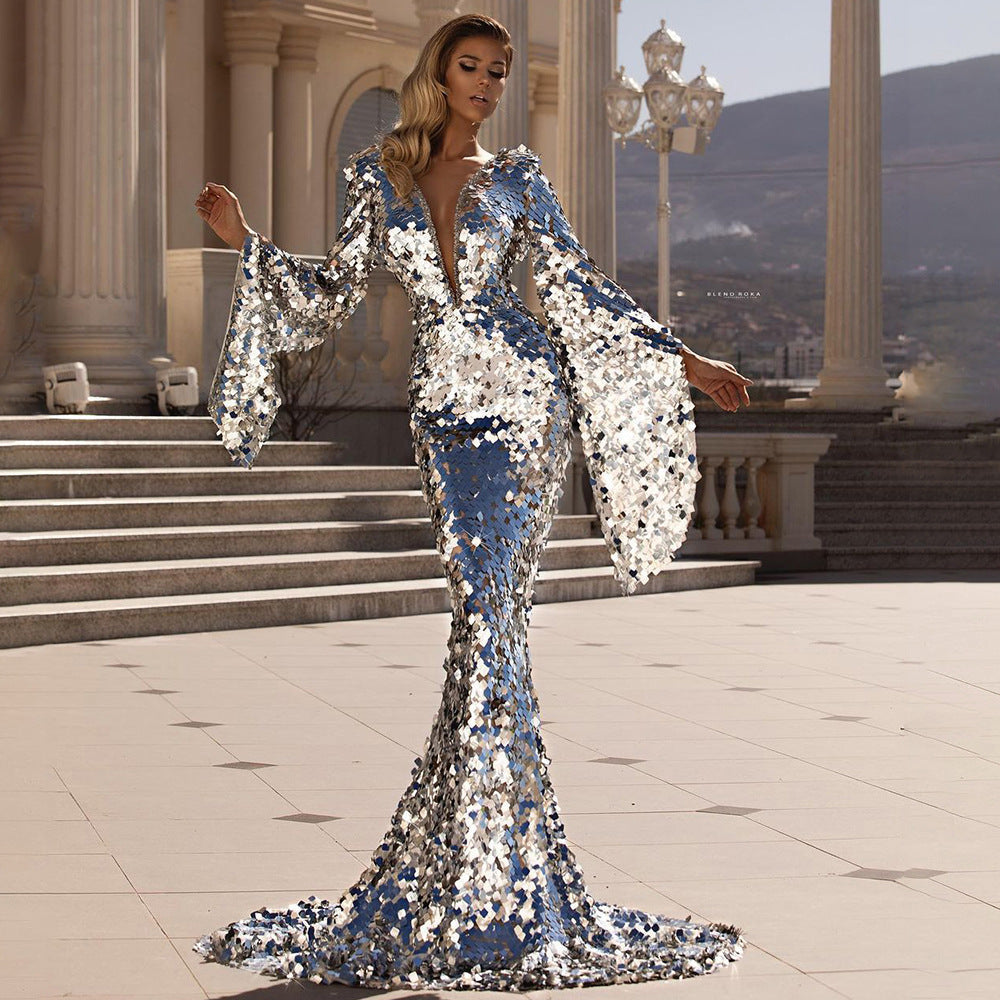 Valenzora | Enchanting Sequin Silver Party Cover-Up Hip Evening Dress