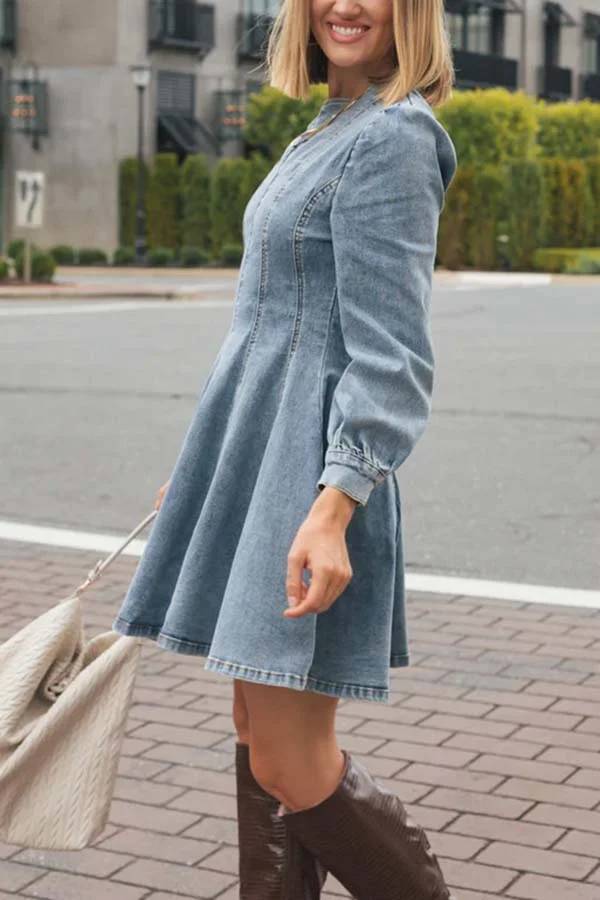 Valenzora | Fade Into You Denim Princess Line Back Zipper Flare Stretch Mini Dress