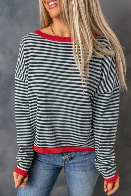 Valenzora | Striped crew neck drop-shoulder T-shirt