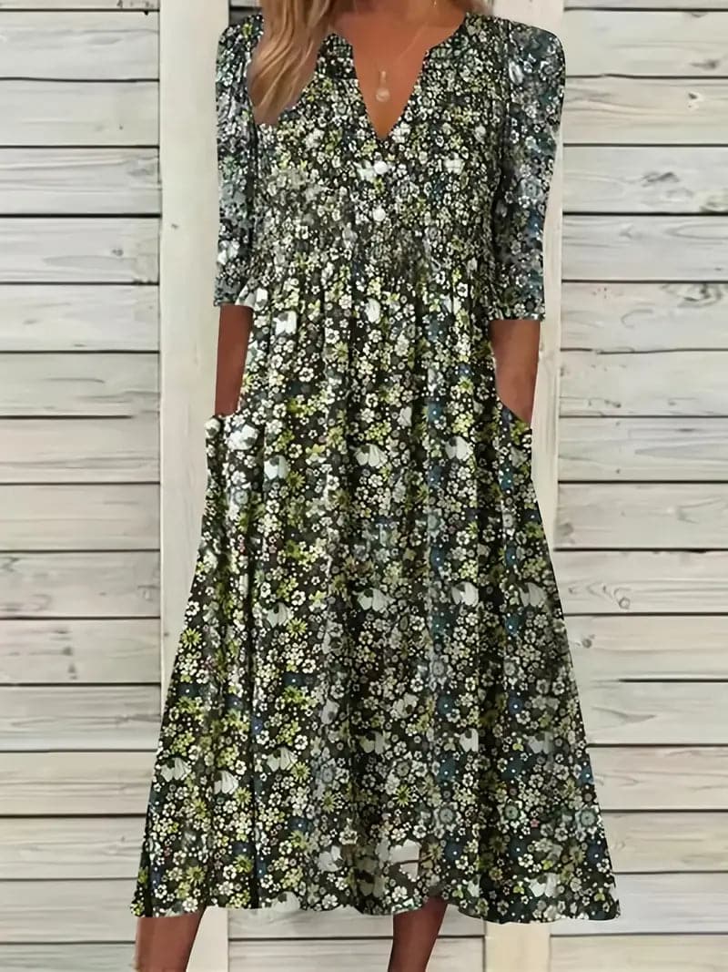 Valenzora | Midikleid, A-Linie, V-Ausschnitt, 3/4-Ärmel, Blumenmuster