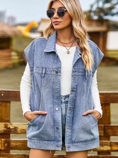 Valenzora - button-up, buttoned sleeveless denim jacket