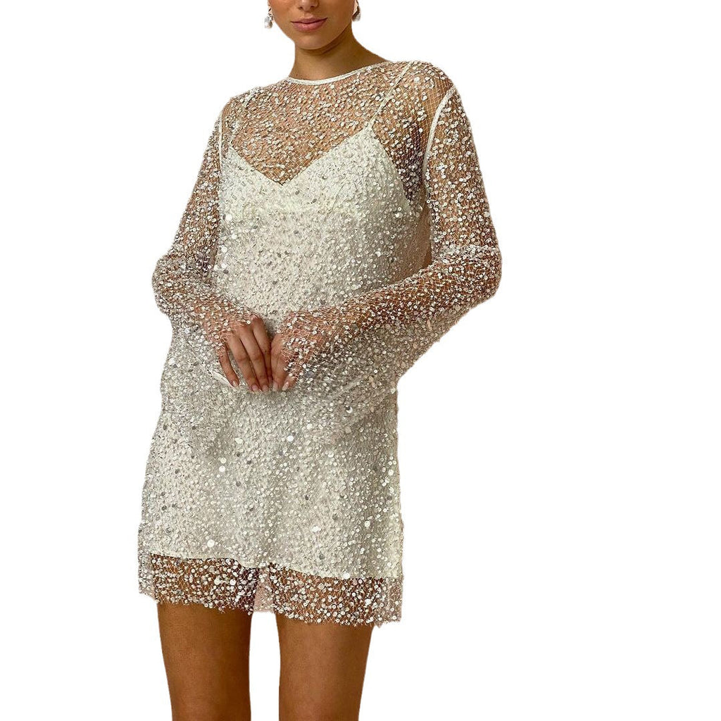 Valenzora | Pearl See-through Mesh Two-Piece Set Sling Dress