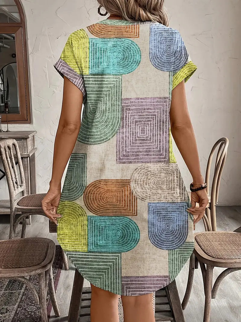 Valenzora | Summer shirt with geometric print, V-neck and button closure. Elegant midi dress.