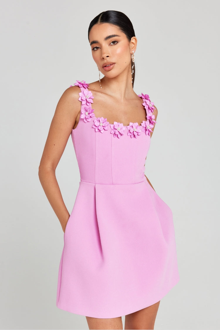 Valenzora | Cindy Faux Pearl Flower Applique Square Neckline Pockets Mini Dress