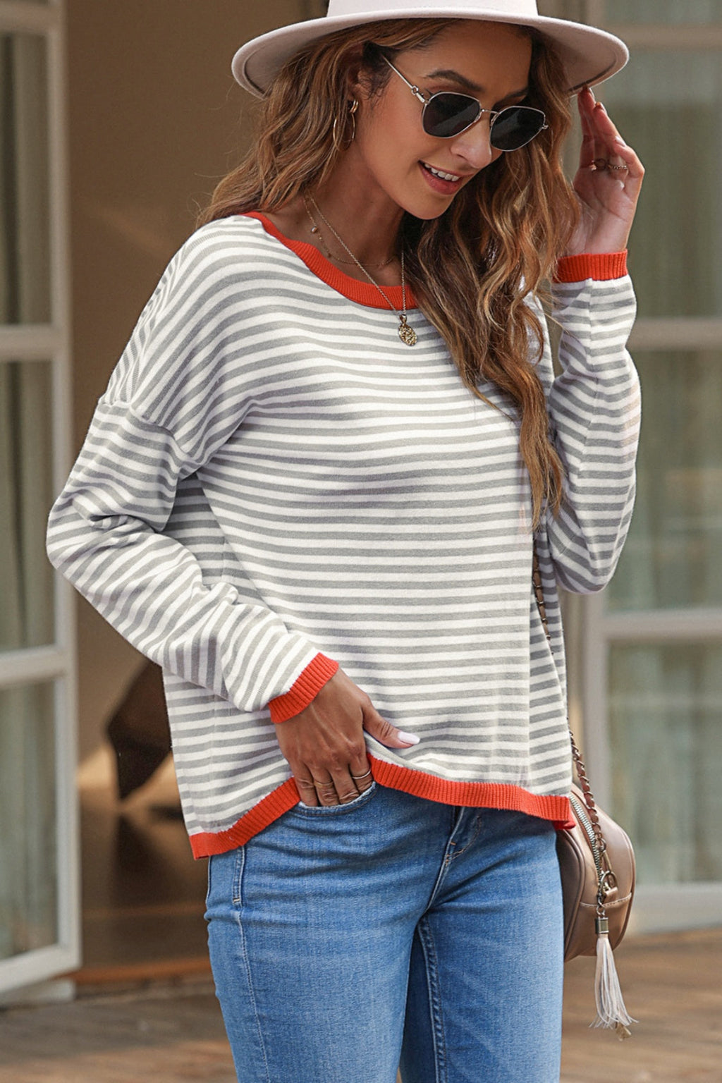 Valenzora | Striped crew neck drop-shoulder T-shirt