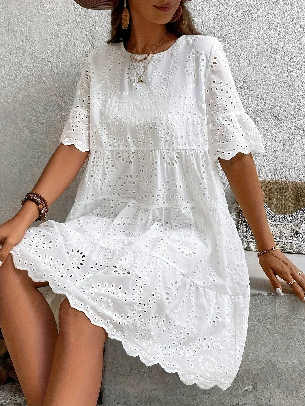 Valenzora | White lace dress for women, lightweight, embroidered and summery