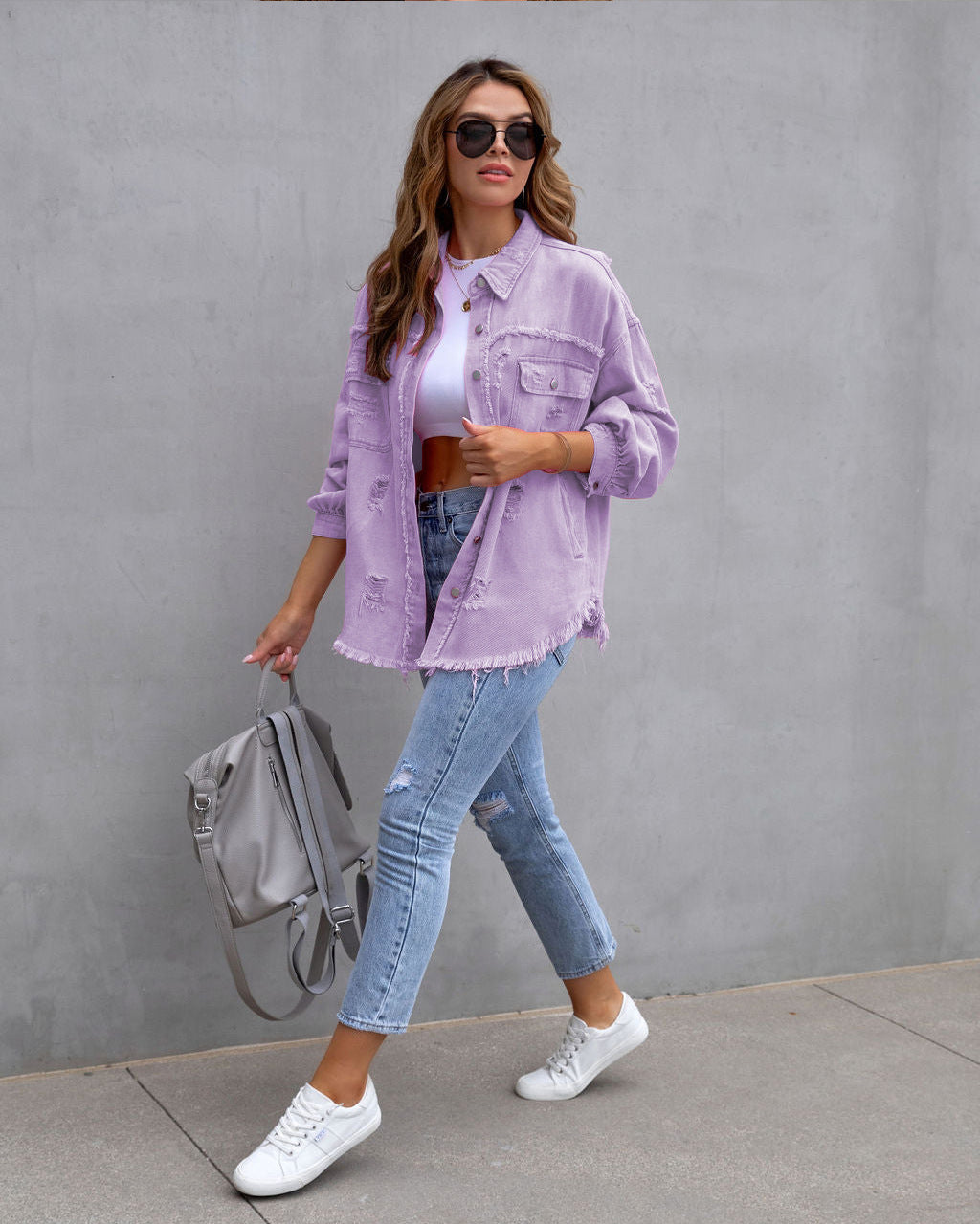 Valenzora ripped shirt jacket, women's autumn and spring casual tops, women's clothing