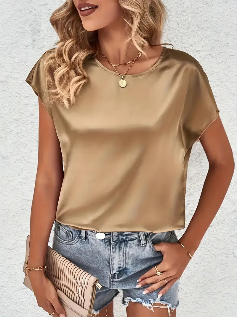 Women's satin T-shirt with an elegant waterfall neckline and simple details, size S