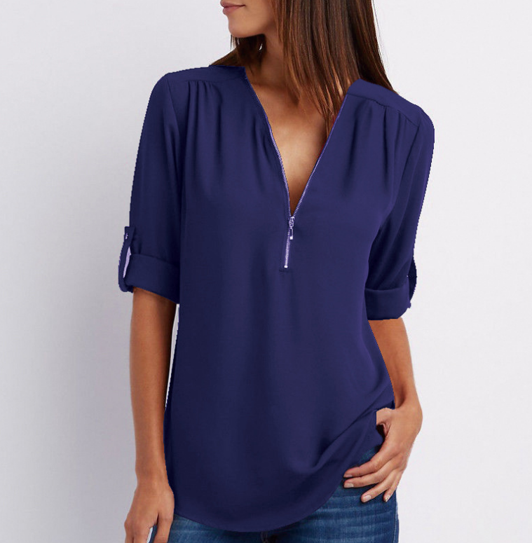 Valenzora Short-sleeved shirt with zipper and V-neck - Loose tops