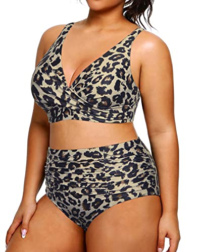 Valenzora | Push-up High-Waisted Tummy Control Plus Size Bikini Swimsuit Leopard Print