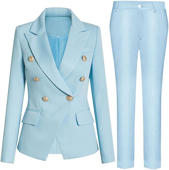 Women's elegant business suit set with double button placket and slim fit, size