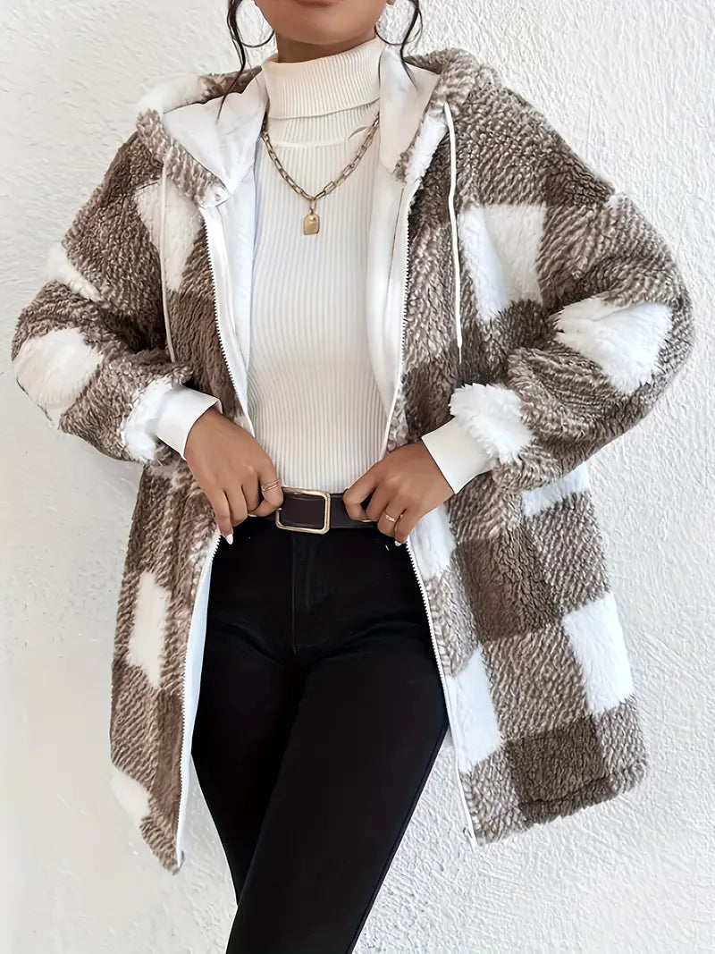 Valenzora | Checkered Teddy Hoodie Jacket | Warm and comfortable for winter