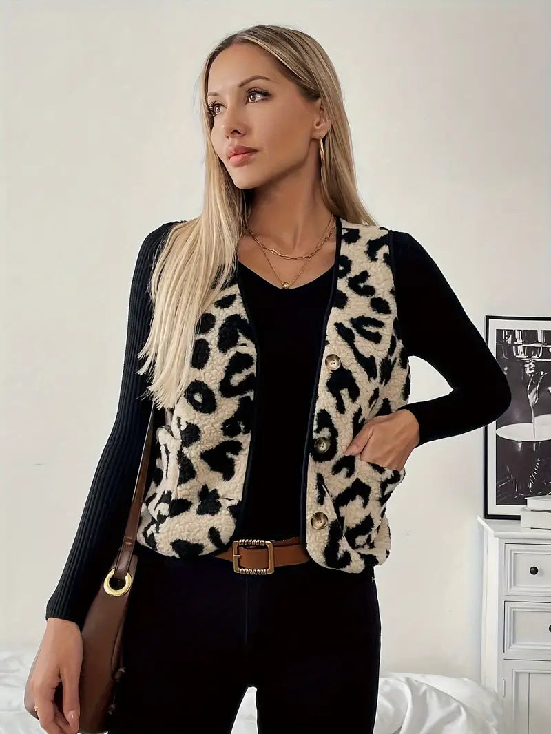 Valenzora | Sleeveless faux fur vest with leopard print for women