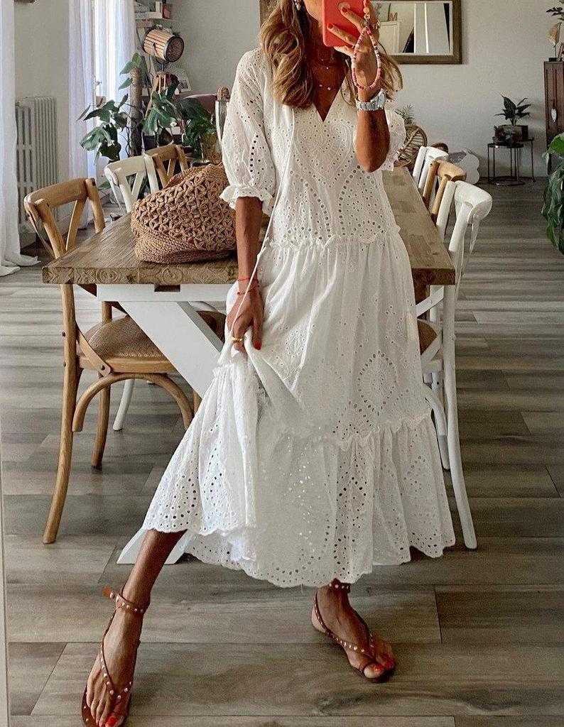 Valenzora | Romantisches weißes, kurzärmeliges Maxikleid