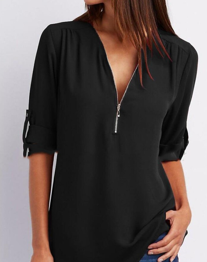 Valenzora Short-sleeved shirt with zipper and V-neck - Loose tops