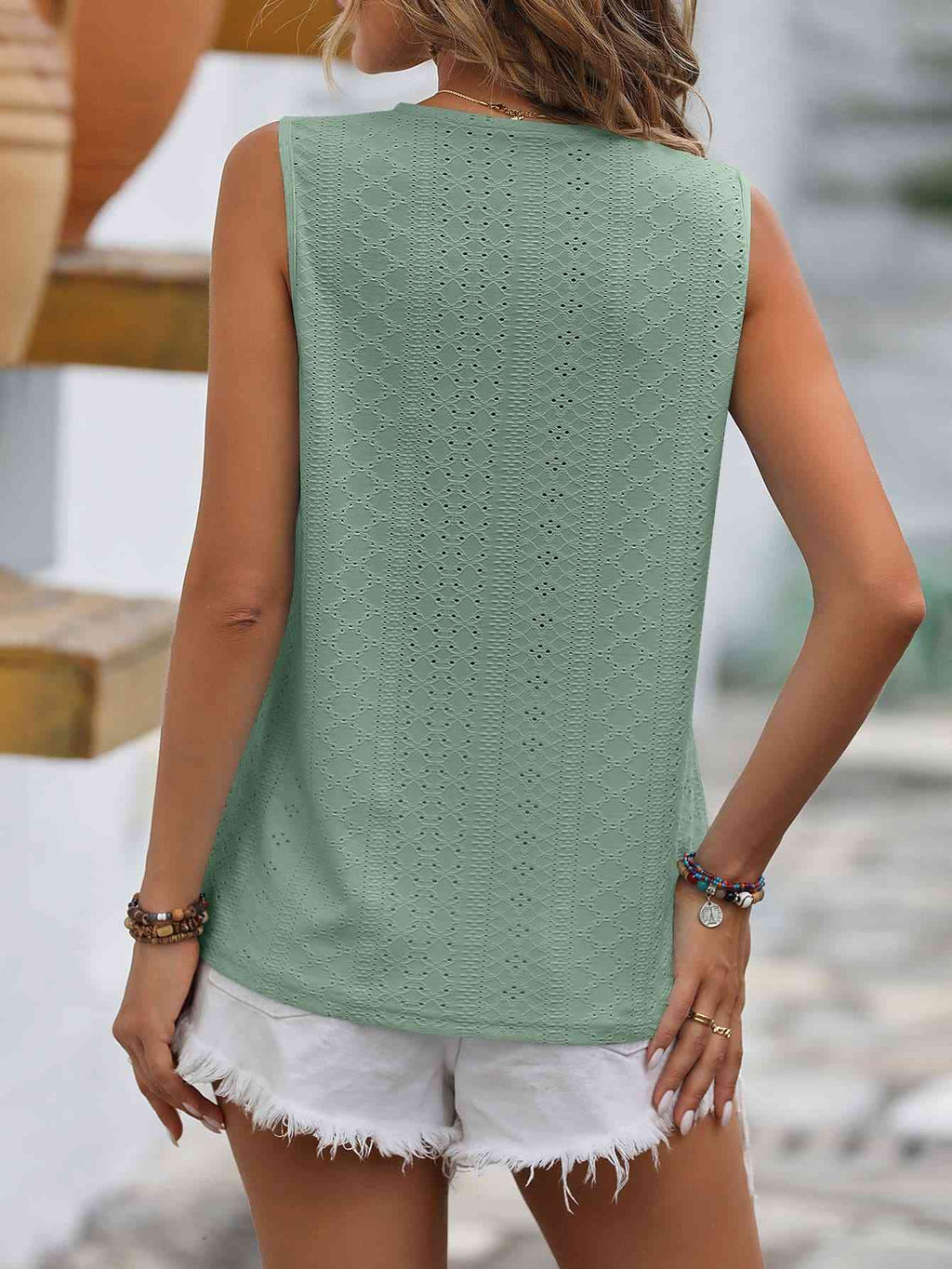 Valenzora | Split Lace V-Neck Sleeveless Shirt