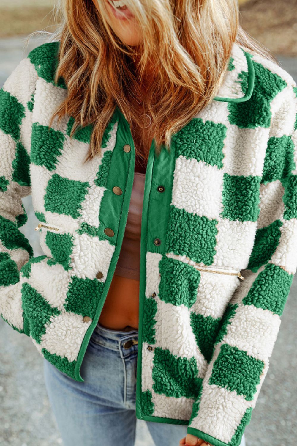 Valenzora | Casual Autumn Green Check Snap-Down Jacket for Women