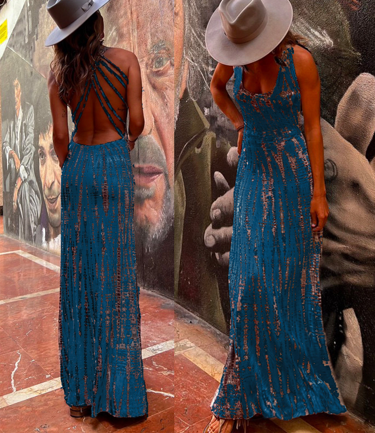 Valenzora | Rosiedress Criss Cross Wickelkleid mit freiem Rücken und Batikmuster