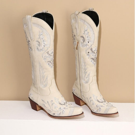Valenzora | Embroidered Western Denim Retro Women's Knee-Length Boots