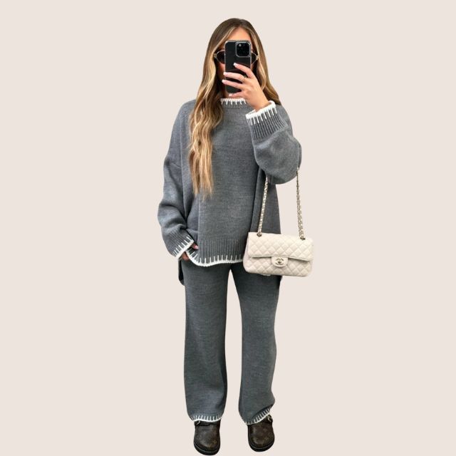 Valenzora | Chic knit loungewear set with contrasting trim