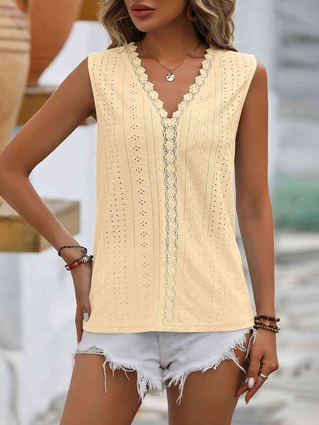 Valenzora | Split Lace V-Neck Sleeveless Shirt