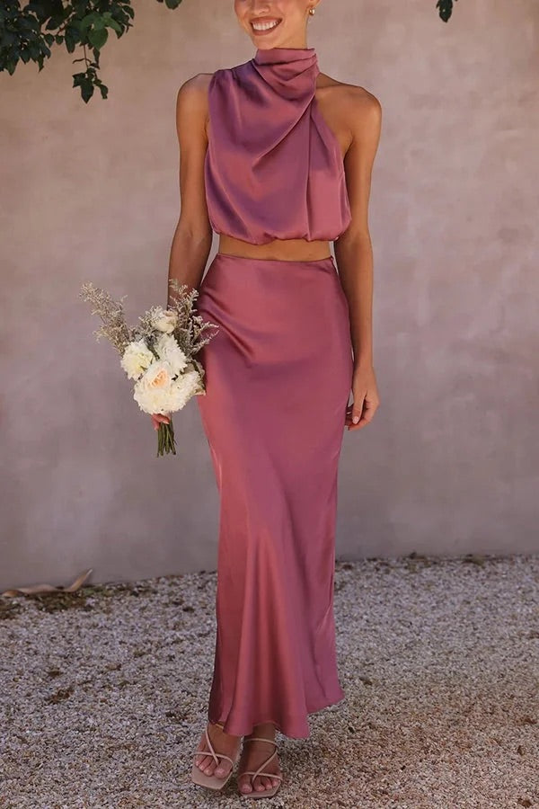 Valenzora | Such a mood High-necked satin draped maxi skirt set