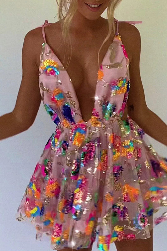 Valenzora | V-neck Open back Sequins Floral Tie A-line Mini Dress