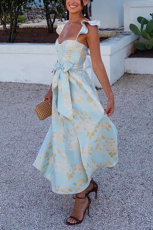 Valenzora | Rosiedress Rüschenschulter Schleifenbund Schlitz Bedrucktes Vintage-Partykleid